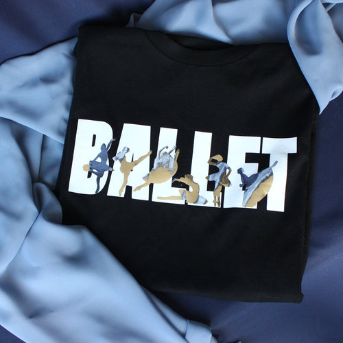 Ballet in white block letters on black t shirt with iconic ballet variations in silver silhouettes. La Esmeralda, Cupid and Kitri from Don Quixote, Dying Swan or Odette from Swan Lake, Raymonda, and Giselle Act 2.
