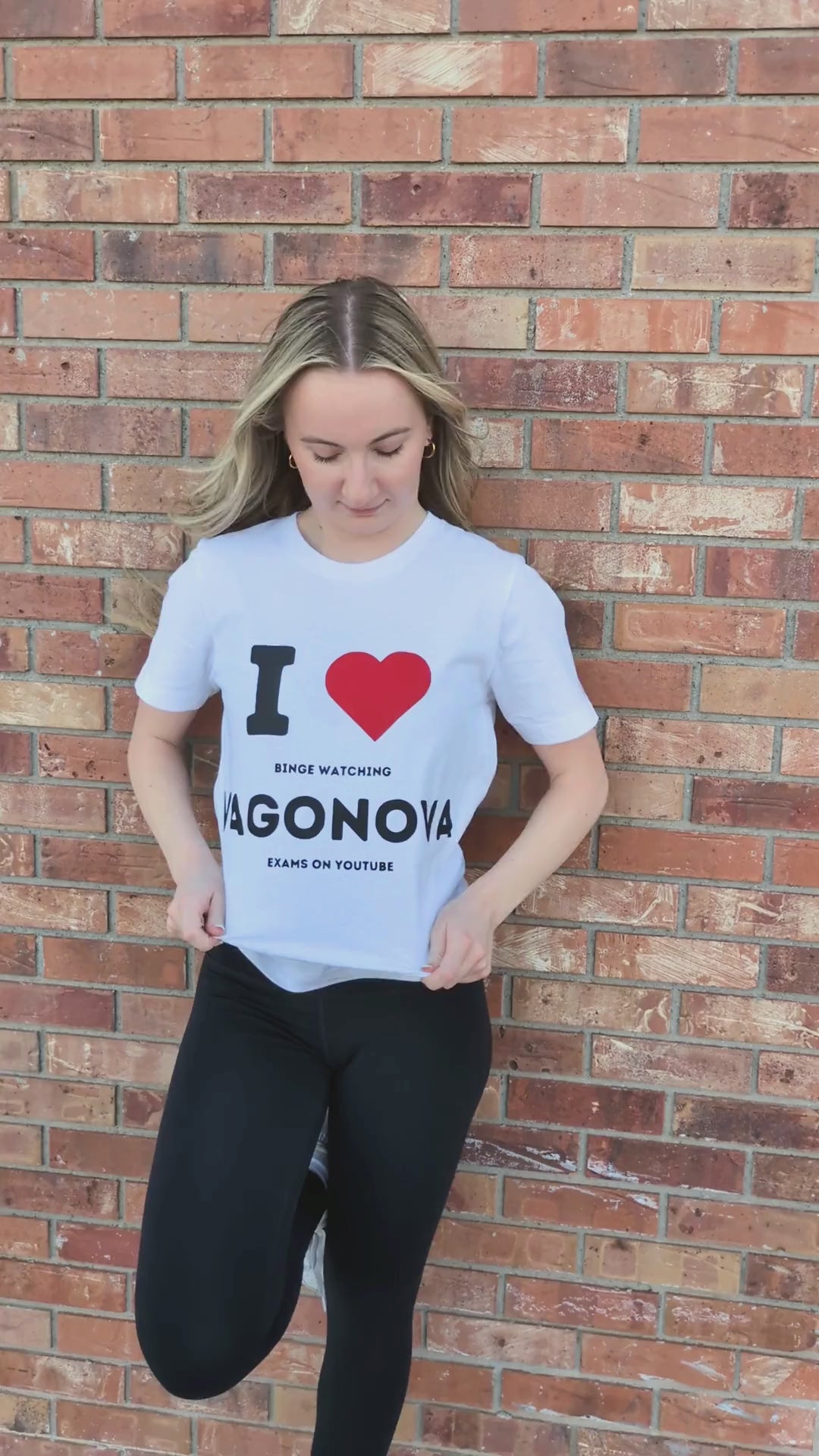  'I ❤️ VAGONOVA'. white T shirt.Small print reads "I heart binge watching Vagonova exams on youtube. for ballet dancers who like Agrippina Vagonova Academy method training